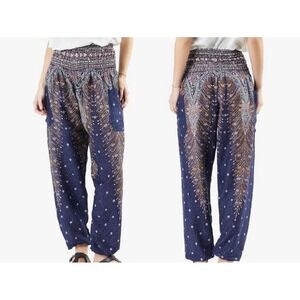 Happy Trunks Blue Peacock Harem Pants Boho Yoga Smocked Waist Rayon Large NEW